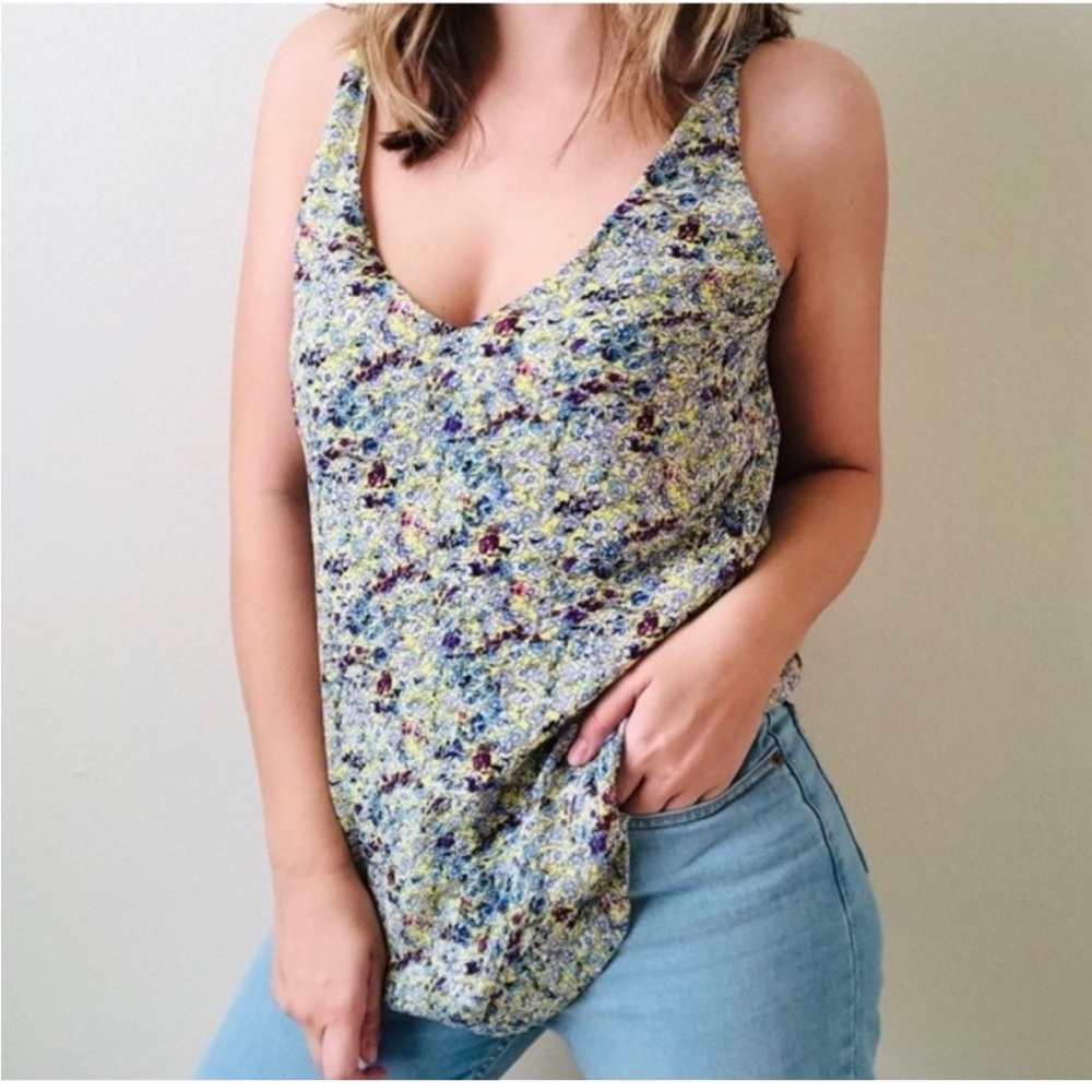 CAbi Floral Print Adjustable Strap Cami Tank Top Yellow Blue Purple Size S